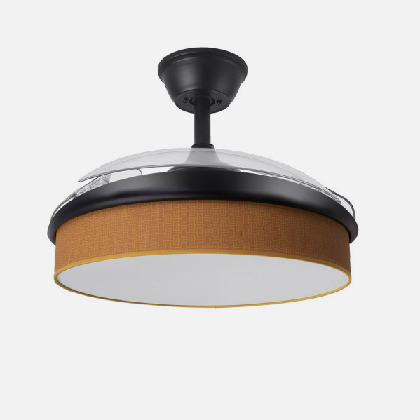 Ventilador de techo DC Abrila Moda negro-naranja modelo 212490909 con aspas retráctiles e iluminación LED integrada, diseñado para uso interior tanto en verano como en invierno.