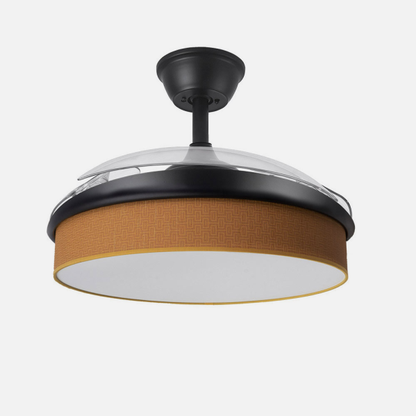 Ventilador de techo DC Abrila Moda negro-naranja modelo 212490909 con aspas retráctiles e iluminación LED integrada, diseñado para uso interior tanto en verano como en invierno.