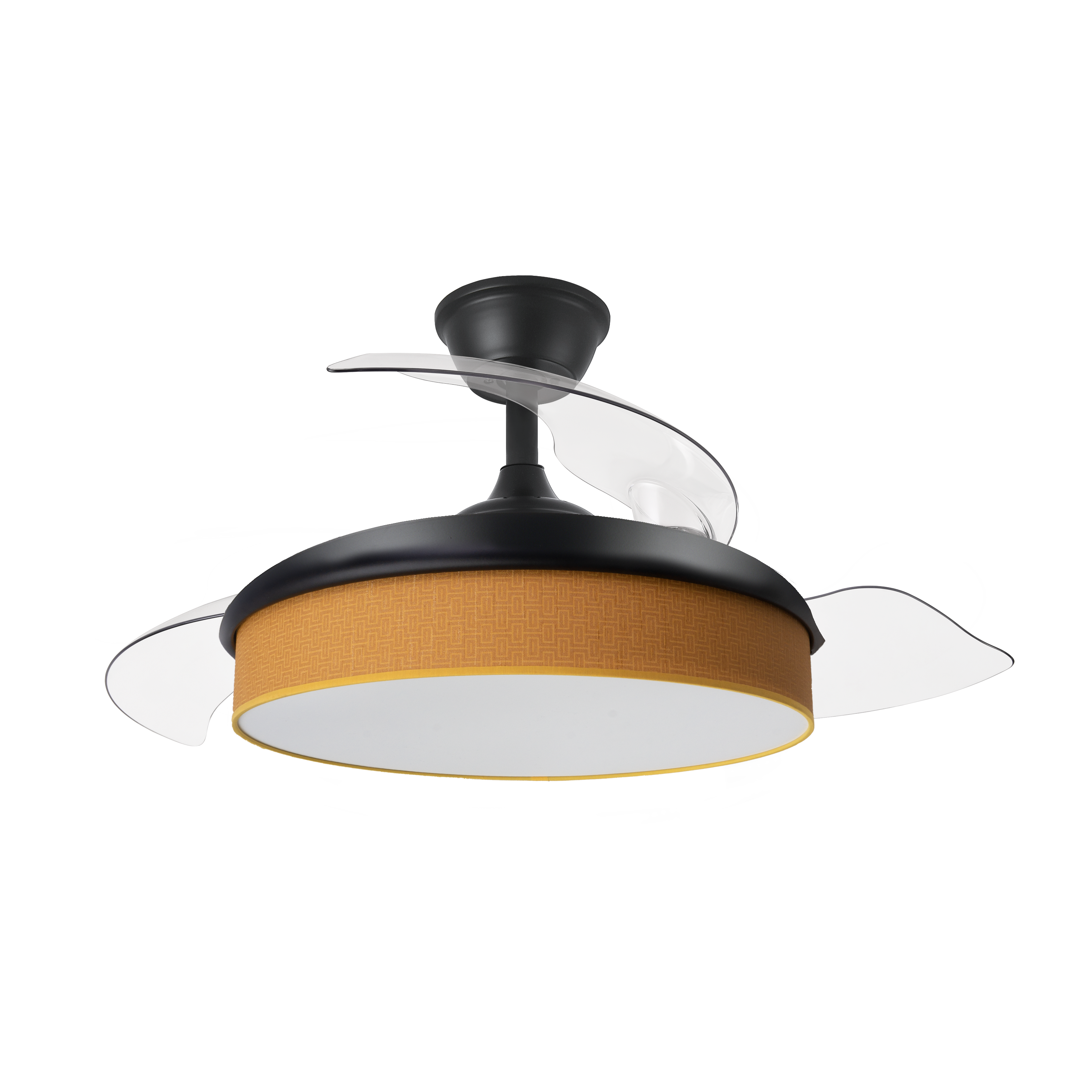 Alt = Ventilador de techo DC Moda negro/naranja Abrila 212490909 con aspas retráctiles y luz LED integrado, perfecto para interior doméstico en verano e invierno.