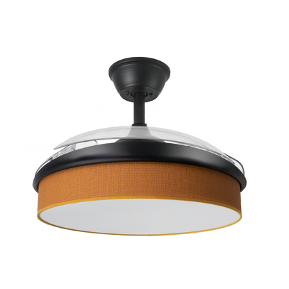 Ventilador techo negro y naranja Abrila, con motor DC, tecnología moderna y diseño de moda, 72W. Aspas retráctiles, iluminación LED integrada para ambiente interior doméstico. Ideal para ventilación en verano y invierno. Eficiente y estilizado para cualquier temporada.