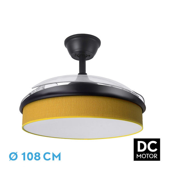 Alt de la foto:
Alt= Ventilador de techo.moderno Abrila 72W-MODA Negro-Amarillo 108cm con motor DC, espadas retráctiles montaje interior’ai2 doméstico, cuenta con luz LED integrada luminosidad ajustable”“