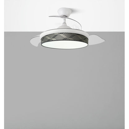 Alt: Ventilador de techo Abrila modelo Ai2 Moda en blanco y gris, con tecnología motor DC y luces LED integradas, cuenta con control remoto y aspas retractiles, ideal para interiores domésticos.