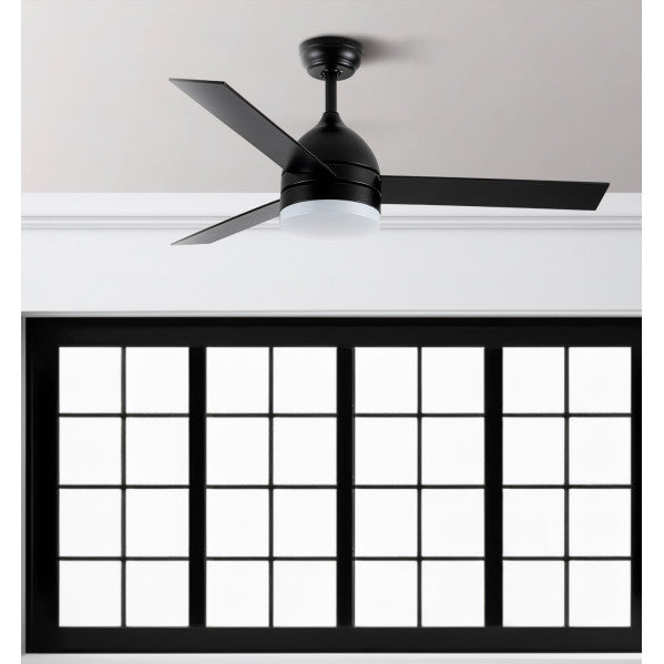 Ventilador de techo Abrila Legio 26W negro, 3 aspas reversible, interior doméstico, LED integrado, diseño de metal, MDF y policarbonato, motor DC
