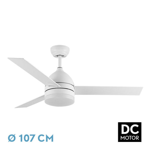 Ventilador de techo DC Legio 26W blanco de 3 aspas Abrila, modelo 212691368, ideal para uso interior con motor DC y aspas reversibles. Incluye LED integrado para iluminación adicional.