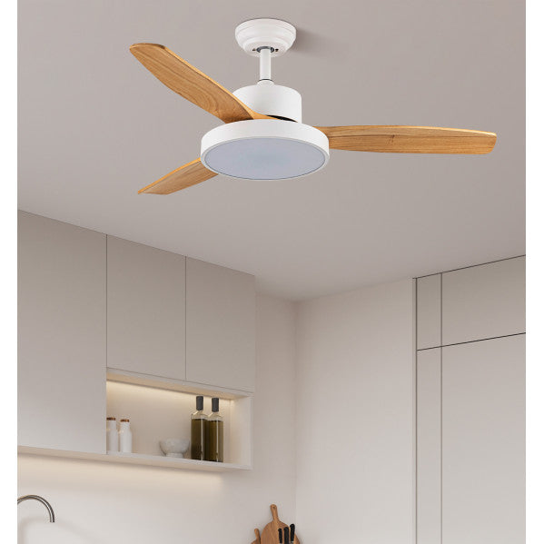 ```plaintext
alt=Ventilador de techo DC Kavala 48W, color blanco/haya, modelo 212791368. Incluye 6 velocidades, LED integrado, mando a distancia y temporizador, ideal para interiores. Abria.
```