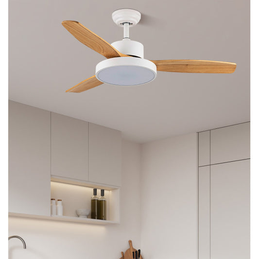 ```plaintext
alt=Ventilador de techo DC Kavala 48W, color blanco/haya, modelo 212791368. Incluye 6 velocidades, LED integrado, mando a distancia y temporizador, ideal para interiores. Abria.
```