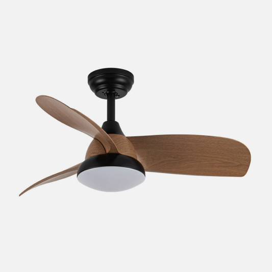 alt=Ventilador de techo Atomo DC 24W negro de Abrila, modelo 212991385, diseño boho chic e industrial, ideal para interiores domésticos con luz integrada LED y motor DC