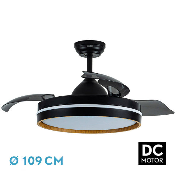 `alt=Ventilador de techo DC Nalon de 72W, modelo Abrila, con aspas retráctiles, luz LED ajustable, mando a distancia y diseño en negro madera oscura. Ideal para ventilación en verano e invierno.``