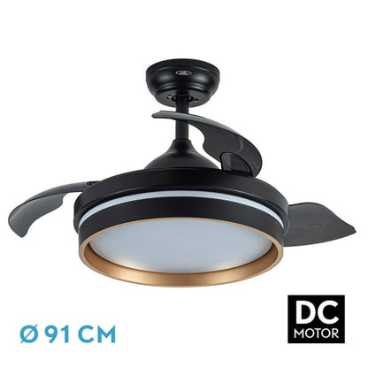 `alt=Ventilador de techo DC Nalon negro y oro 48W de Abrila con temporizador remoto y LED integrado, ideal para interior doméstico con 6 velocidades y aspas retráctiles`