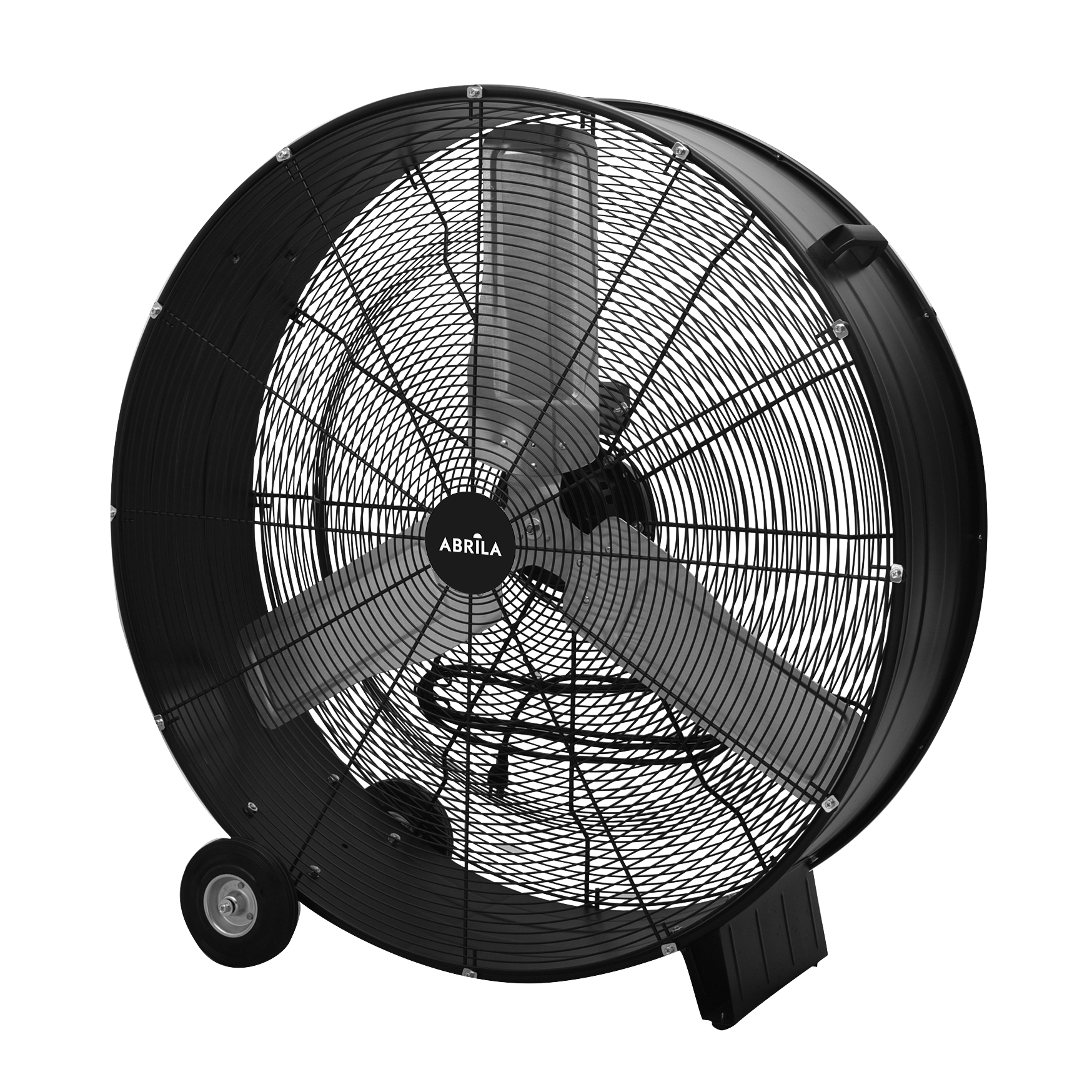 Ventilador industrial de alta potencia Maximum 630W en color negro, con un tamaño de 97.6 cm. Fabricado por Abrila, modelo 213371019. Este ventilador está diseñado para uso doméstico e industrial en interiores, con estructura de metal y aluminio. Incluye ruedas para fácil movilidad.