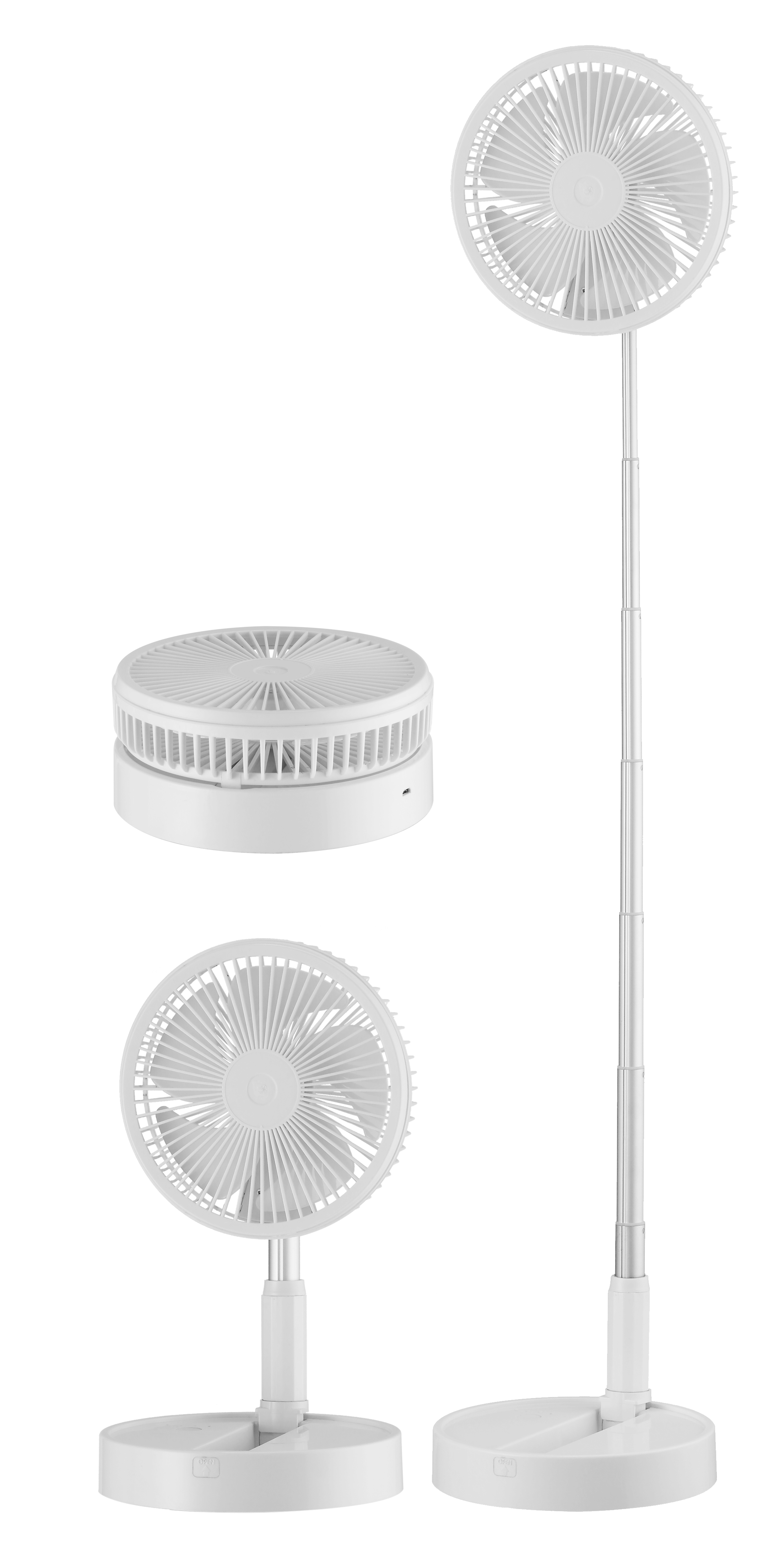 `alt=Ventilador portátil Galan blanco pligible Abrila de 10W, recargable con batería, incluido mando a distancia y temporizador para uso doméstico`