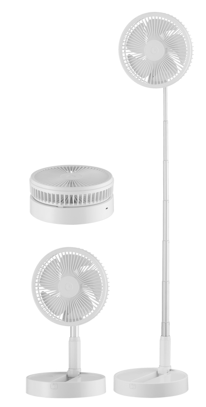 `alt=Ventilador portátil Galan blanco pligible Abrila de 10W, recargable con batería, incluido mando a distancia y temporizador para uso doméstico`