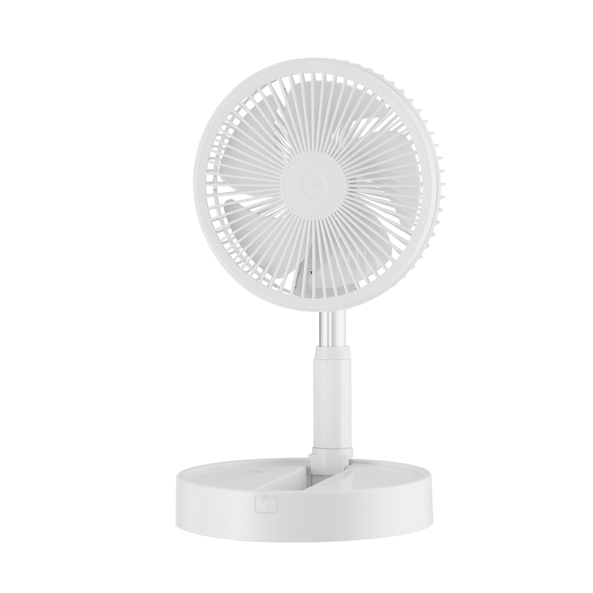 Aventajado ventilador portátil Galan blanco plegable de 10W, modelo 213471001 de la marca Abrila, perfecto para uso doméstico. fabricante en material metálico ABS, incluye mando a distancia y temporizador. Ideal para un uso recargable con batería.