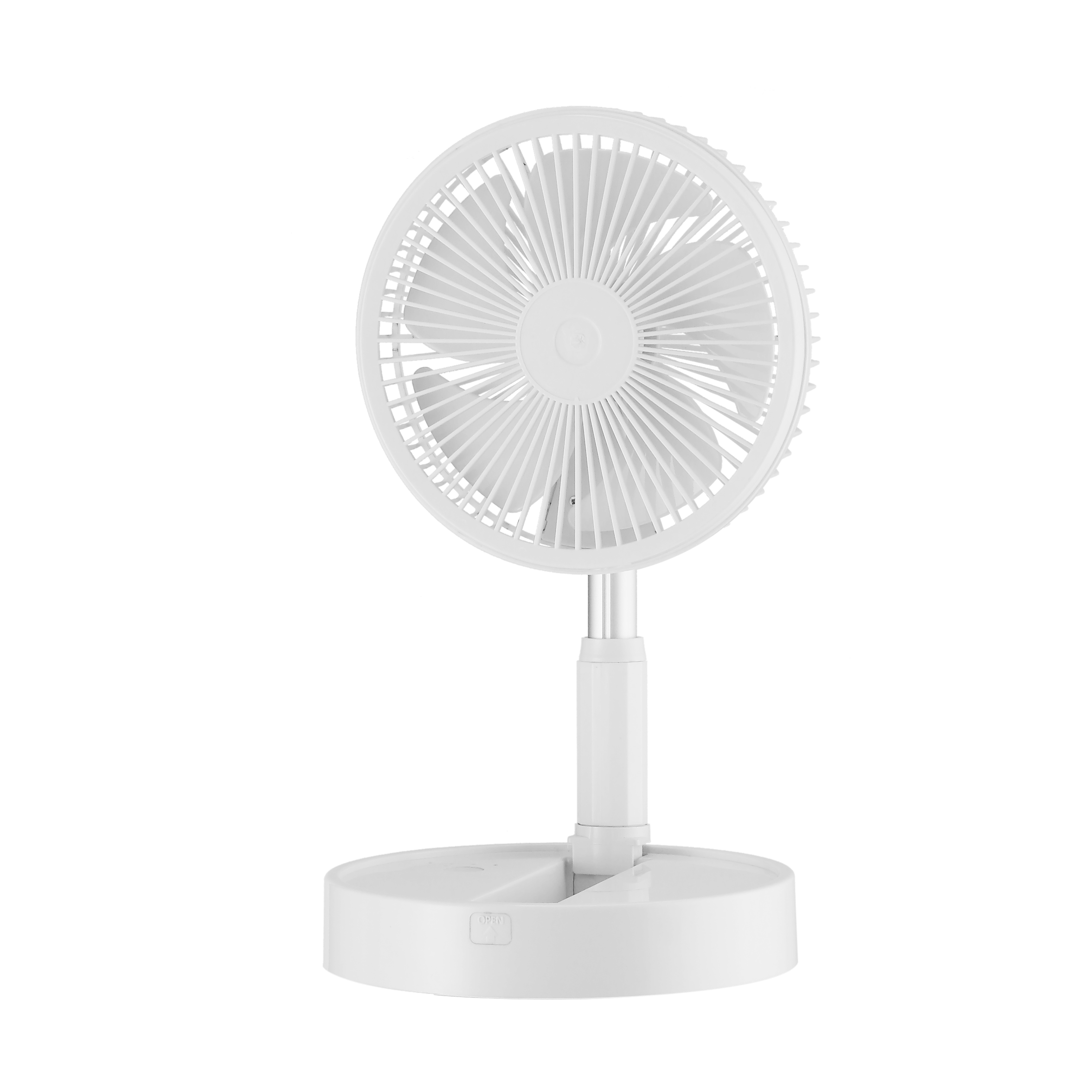 Aventajado ventilador portátil Galan blanco plegable de 10W, modelo 213471001 de la marca Abrila, perfecto para uso doméstico. fabricante en material metálico ABS, incluye mando a distancia y temporizador. Ideal para un uso recargable con batería.