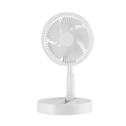 Aventajado ventilador portátil Galan blanco plegable de 10W, modelo 213471001 de la marca Abrila, perfecto para uso doméstico. fabricante en material metálico ABS, incluye mando a distancia y temporizador. Ideal para un uso recargable con batería.