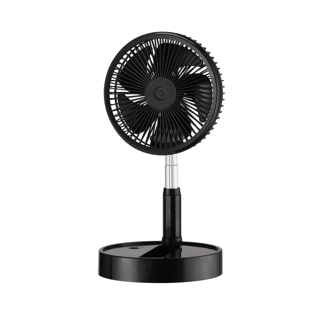 Ventilador portátil Galan negro 10W plegable de Abrila, ideal para uso doméstico e interior. Este ventilador recargable cuenta con una batería de litio y un motor DC eficiente. Diseño compacto y plegable, perfecto para llevar a cualquier lugar.