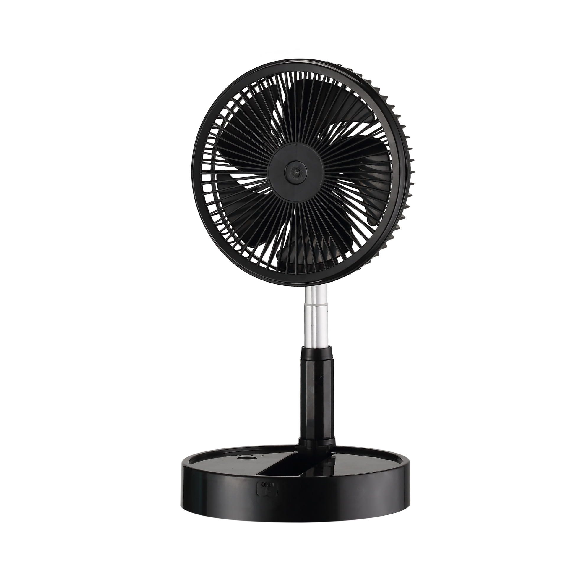 Ventilador portátil Galan negro 10W plegable de Abrila, ideal para uso doméstico e interior. Este ventilador recargable cuenta con una batería de litio y un motor DC eficiente. Diseño compacto y plegable, perfecto para llevar a cualquier lugar.