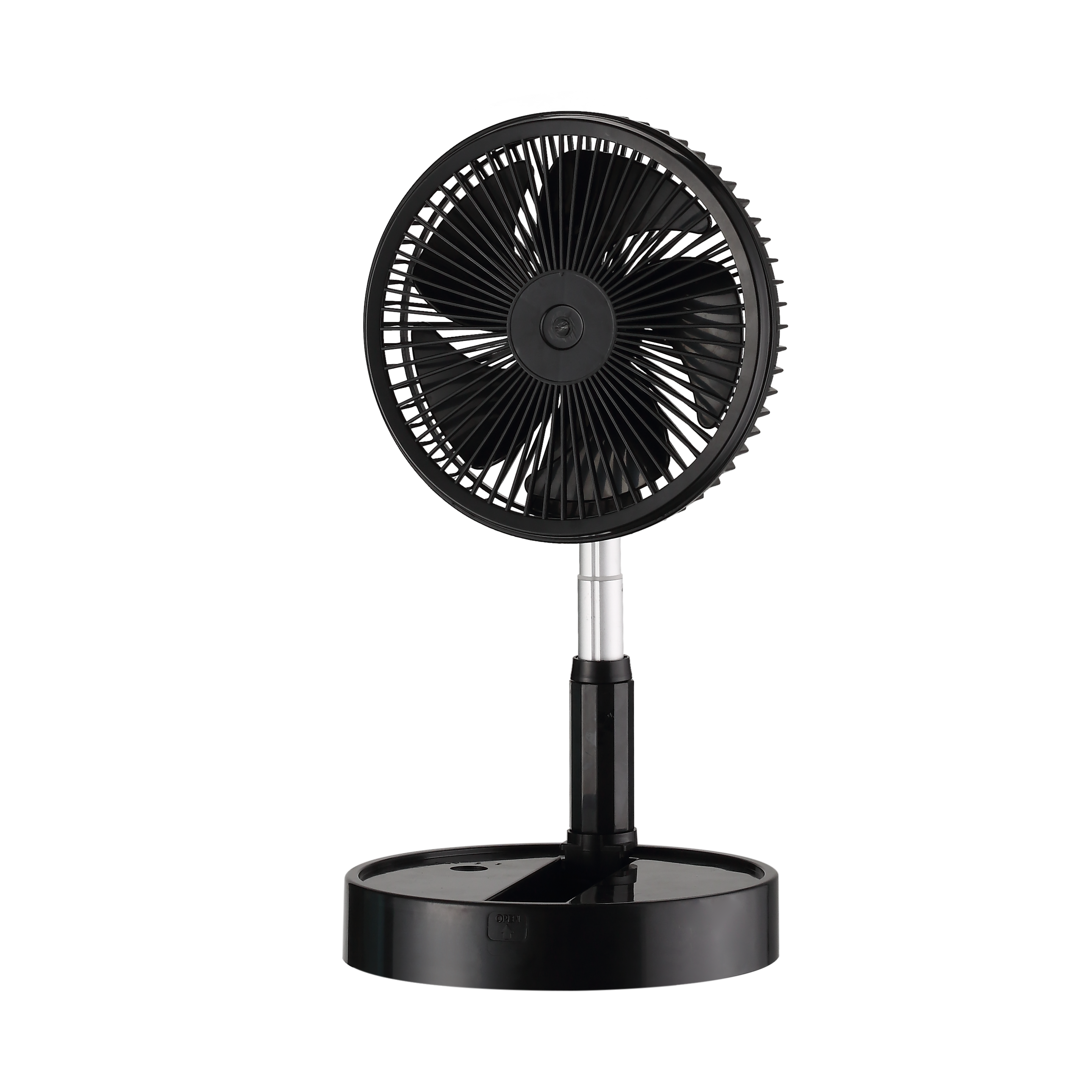 Ventilador portátil Galan negro 10W plegable de Abrila, ideal para uso doméstico e interior. Este ventilador recargable cuenta con una batería de litio y un motor DC eficiente. Diseño compacto y plegable, perfecto para llevar a cualquier lugar.