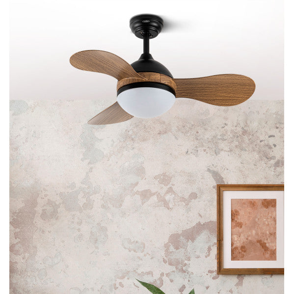 `alt=Ventilador de techo DC sólido en negro madera de 91cm con LED integrado, mando a distancia y ahorro de energía - Abrila 213591328`