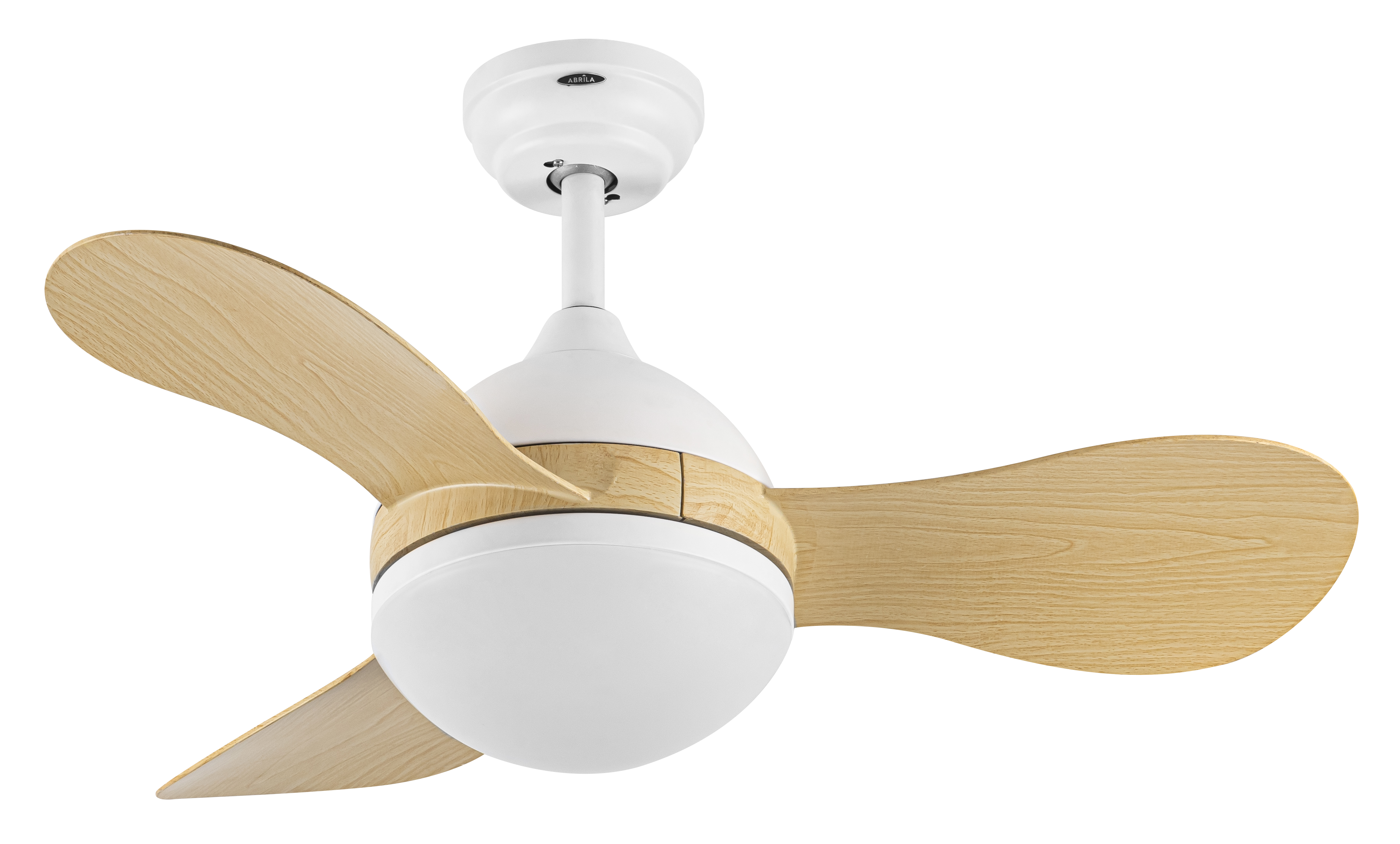 `alt=Ventilador de techo DC sólido 24W blanco/haya de Abrila con LED integrado y mando a distancia, modelo 213591368`