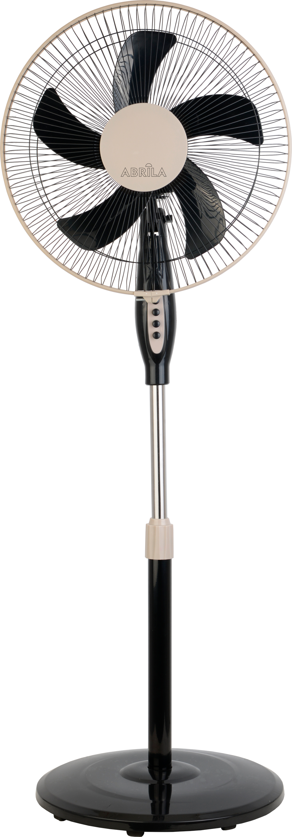 `alt=Ventilador de Pie Belmonte Negro/Beis 45W de Abrila, modelo 213841078, con altura regulable, oscilante y fabricado en aluminio y policarbonato para uso doméstico interior.`