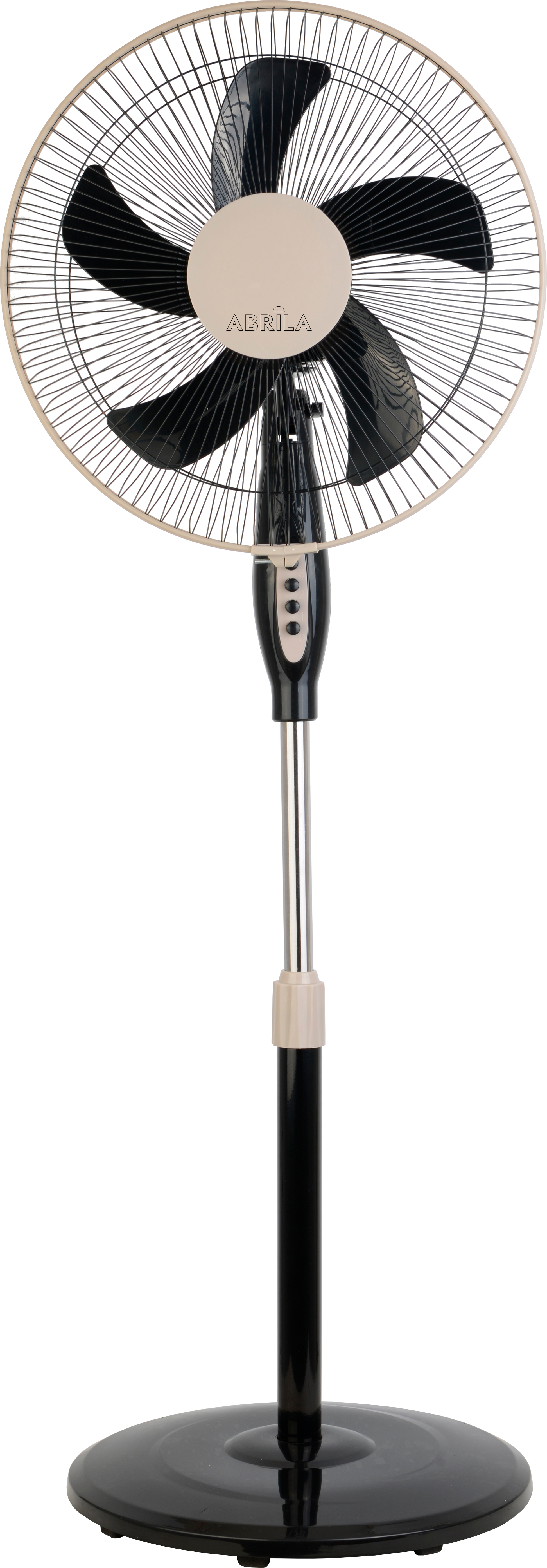 `alt=Ventilador de Pie Belmonte Negro/Beis 45W de Abrila, modelo 213841078, con altura regulable, oscilante y fabricado en aluminio y policarbonato para uso doméstico interior.`