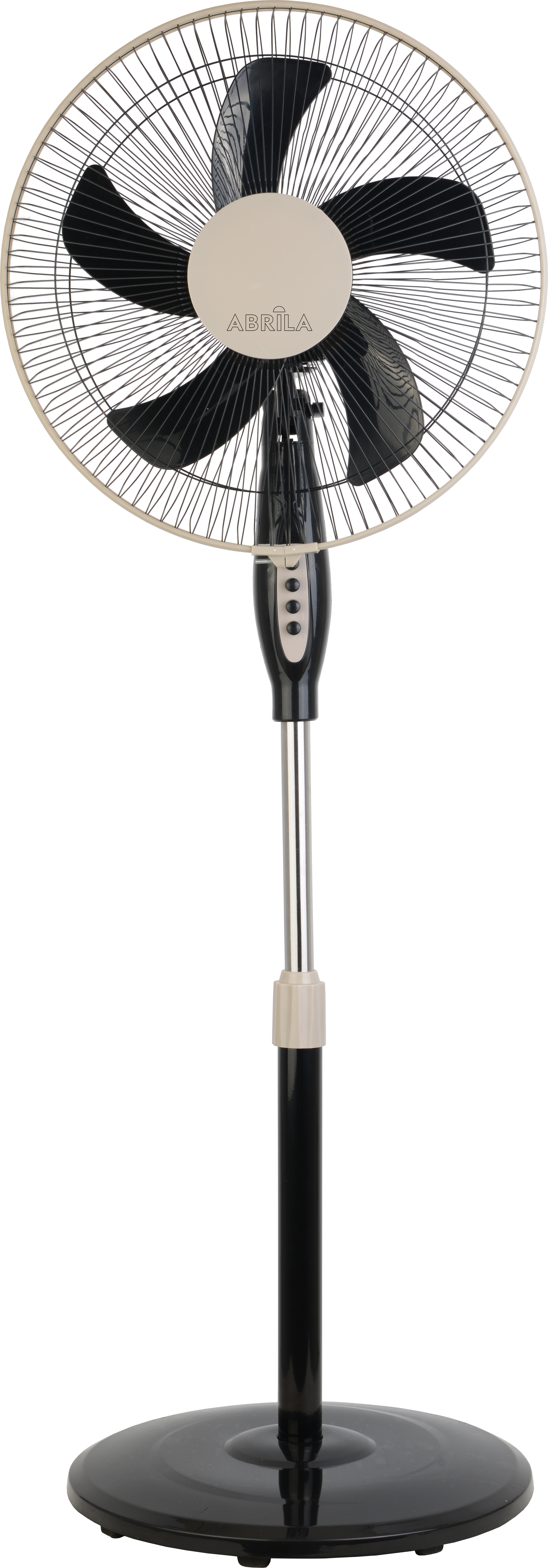 `alt=Ventilador de Pie Belmonte Negro/Beis 45W de Abrila, modelo 213841078, con altura regulable, oscilante y fabricado en aluminio y policarbonato para uso doméstico interior.`