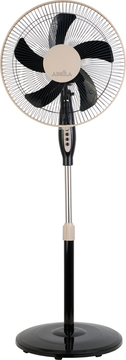 `alt=Ventilador de Pie Belmonte Negro/Beis 45W de Abrila, modelo 213841078, con altura regulable, oscilante y fabricado en aluminio y policarbonato para uso doméstico interior.`