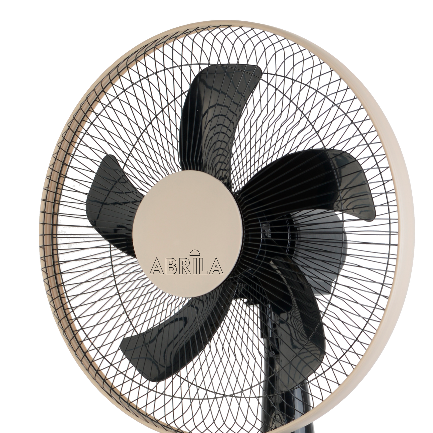 `alt=Ventilador de Pie Belmonte Negro/Beis 45W de Abrila, modelo 213841078, oscilante y con altura regulable, ideal para uso doméstico interior, fabricado en aluminio y policarbonato`