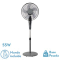 Ventilador de Pie Borlon Negro/Gris 55W de Abrila, modelo 213941028. Ventilador oscilante con mando a distancia, temporizador y diseño moderno en colores negro y gris. Ideal para uso doméstico en interiores.
