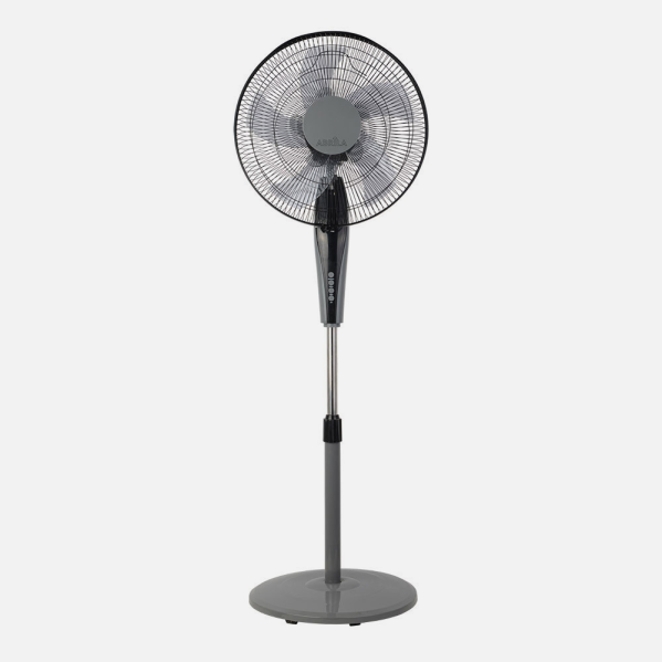 `alt=Ventilador de Pie Borlon Negro/Gris 55W de Abrila con mando a distancia y temporizador, oscilante para uso doméstico interior, modelo 213941028`
