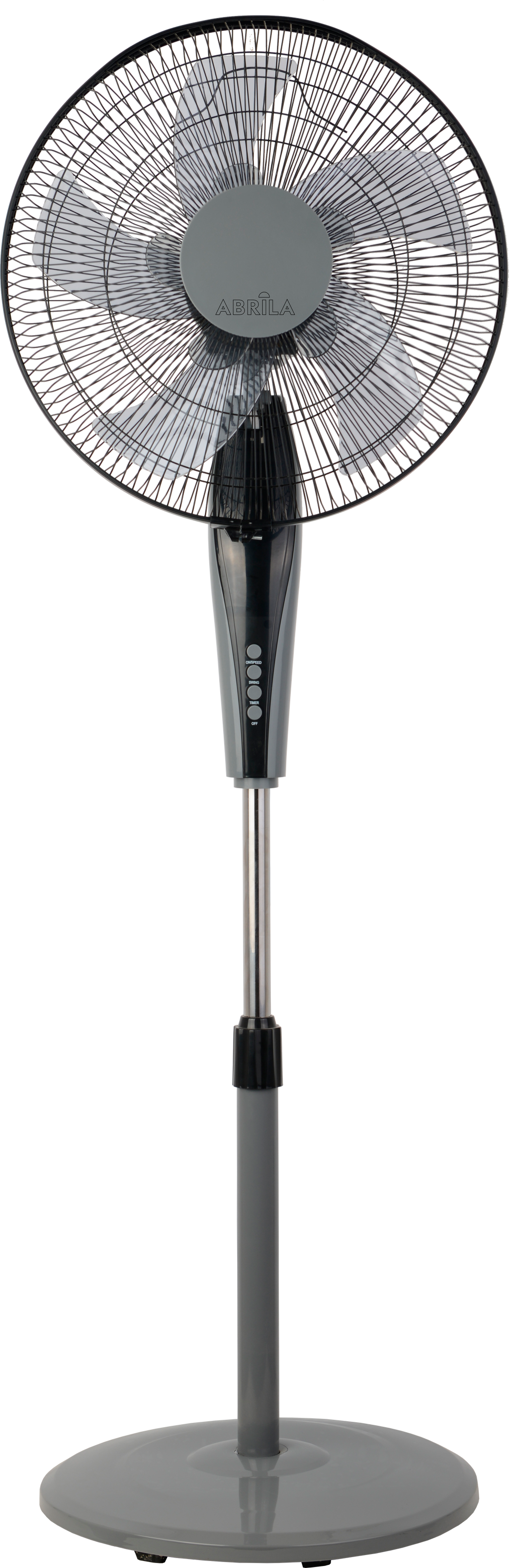 Ventilador de pie Borlon negro/gris de 55W de la marca Abrila, modelo 213941028. Diseño moderno y funcional para uso doméstico interior. Equipado con mando a distancia, oscilación, temporizador y tecnología ai2 para un control preciso y comodidad. Ideal para mantener una temperatura agradable en cualquier espacio.