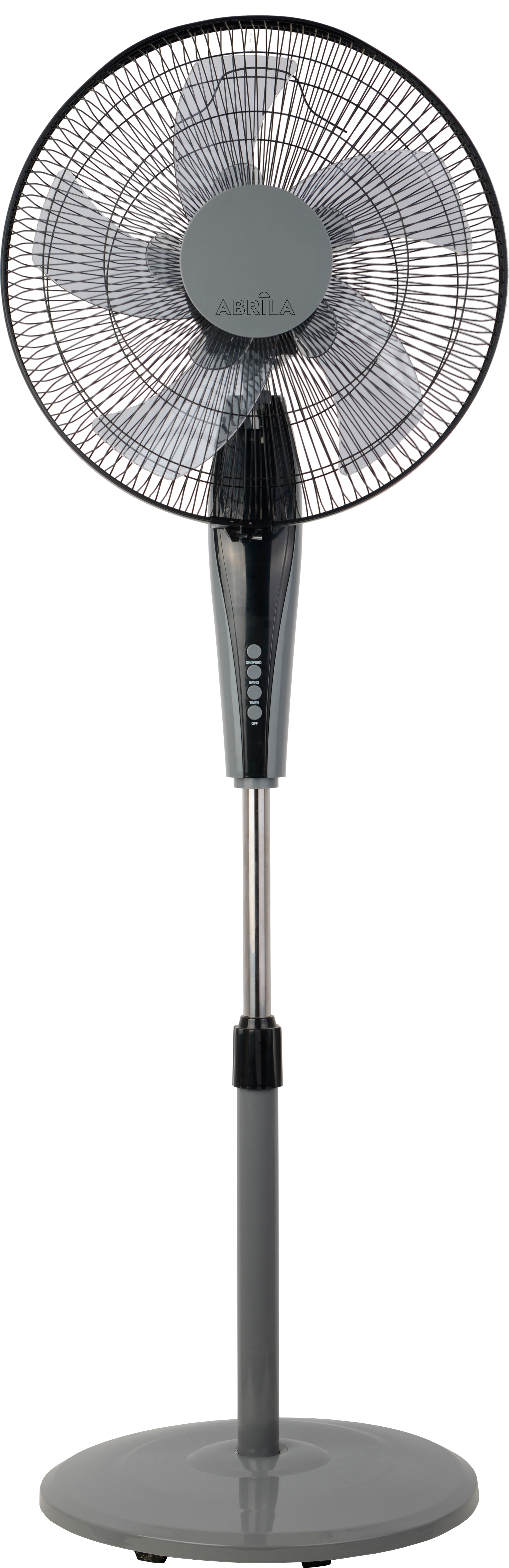 Ventilador de pie Borlon negro/gris de 55W de la marca Abrila, modelo 213941028. Diseño moderno y funcional para uso doméstico interior. Equipado con mando a distancia, oscilación, temporizador y tecnología ai2 para un control preciso y comodidad. Ideal para mantener una temperatura agradable en cualquier espacio.