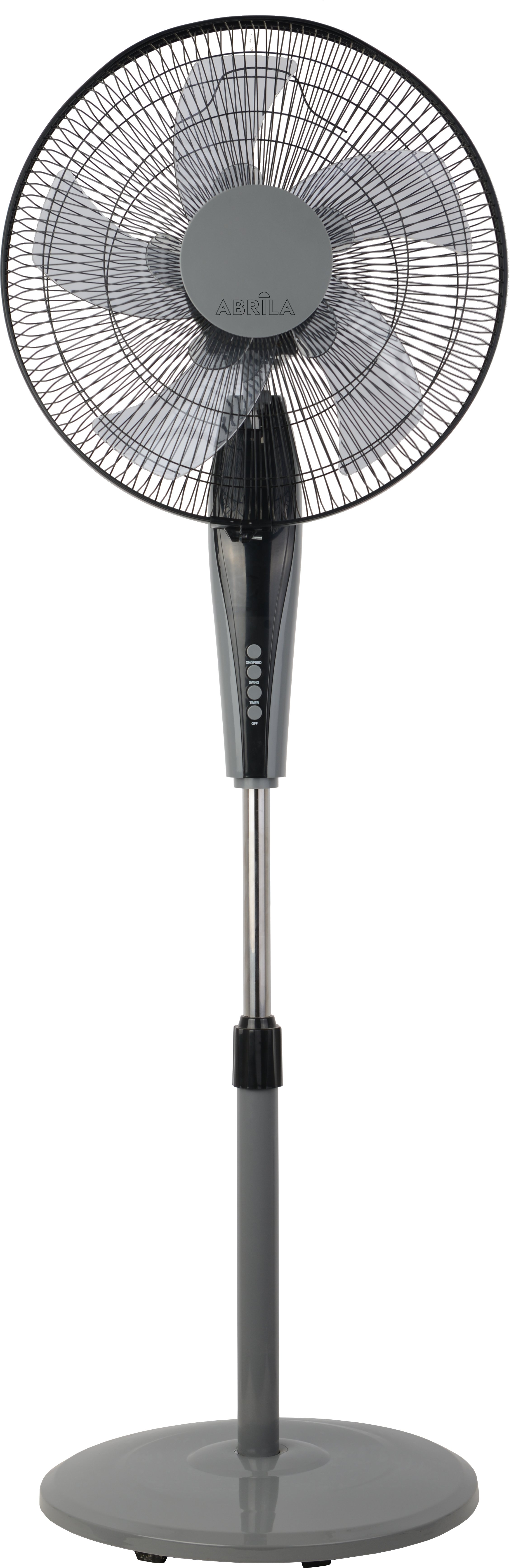 Ventilador de pie Borlon negro/gris de 55W de la marca Abrila, modelo 213941028. Diseño moderno y funcional para uso doméstico interior. Equipado con mando a distancia, oscilación, temporizador y tecnología ai2 para un control preciso y comodidad. Ideal para mantener una temperatura agradable en cualquier espacio.
