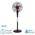 Alt Image: Ventilador de Pie Borlon Negro/Burdeos 55W de Abrila, modelo 213941030. Ventilador oscilante con mando a distancia y temporizador, ideal para uso doméstico. Fabricado en aluminio, disponible en colores burdeos y negro.