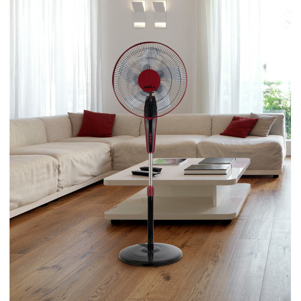 Ventilador de pie Borlon negro/burdeos 55W de Abrila, modelo 213941030. Diseño moderno en aluminio, con mando a distancia, función oscilante y temporizador. Ideal para uso doméstico.