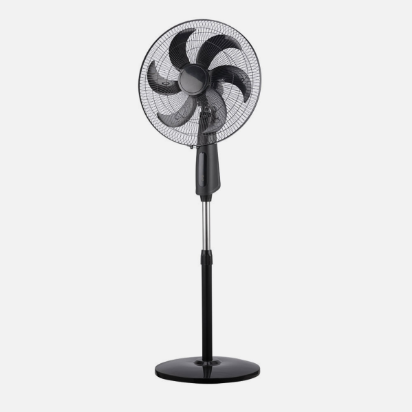 `alt=Ventilador de Pie Tolon Negro 85W Abrila 214241009, con mando a distancia y temporizador, ideal para interiores domésticos, fabricado en aluminio y policarbonato`