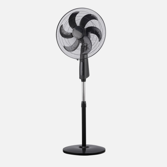 `alt=Ventilador de Pie Tolon Negro 85W Abrila 214241009, con mando a distancia y temporizador, ideal para interiores domésticos, fabricado en aluminio y policarbonato`