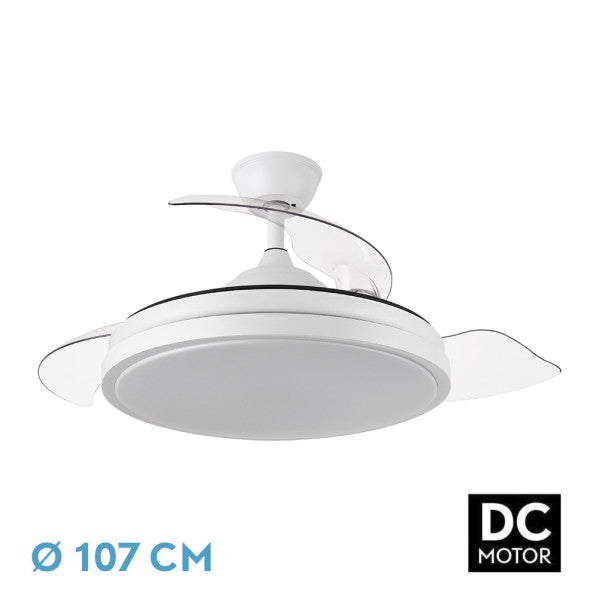 Ventilador de techo LED Escorpion Blanco de Abrila con aspas retráctiles y motor DC, ideal para uso doméstico e interior. Incluye iluminación LED integrada para mayor funcionalidad y eficiencia energética.