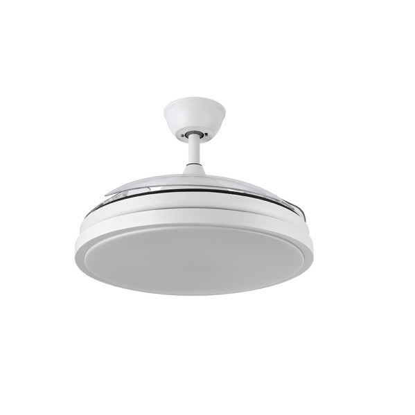 Ventilador de techo LED Escorpion blanco de Abrila con aspas retráctiles y motor DC, ideal para uso doméstico e interior. Incluye iluminación LED integrada para mayor eficiencia y estilo.