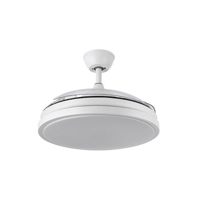 Ventilador de techo LED Escorpion blanco de Abrila con aspas retráctiles y motor DC, ideal para uso doméstico e interior. Incluye iluminación LED integrada para mayor eficiencia y estilo.