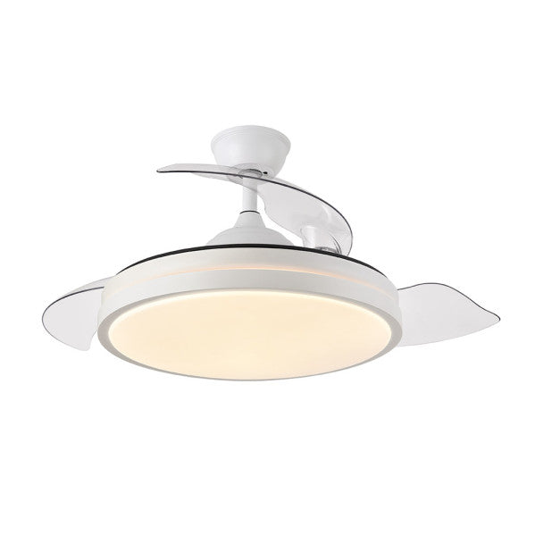 Ventilador de techo LED Escorpion blanco de Abrila con aspas retráctiles y motor DC, ideal para uso doméstico e interior. Incluye iluminación LED integrada para un ambiente moderno y funcional.