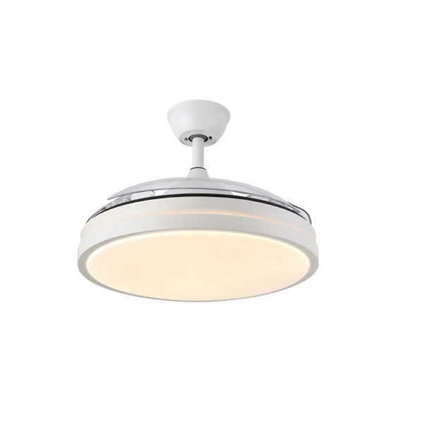 Ventilador de techo LED Escorpion blanco de Abrila con aspas retráctiles y motor DC, ideal para interiores domésticos, con iluminación LED integrada.
