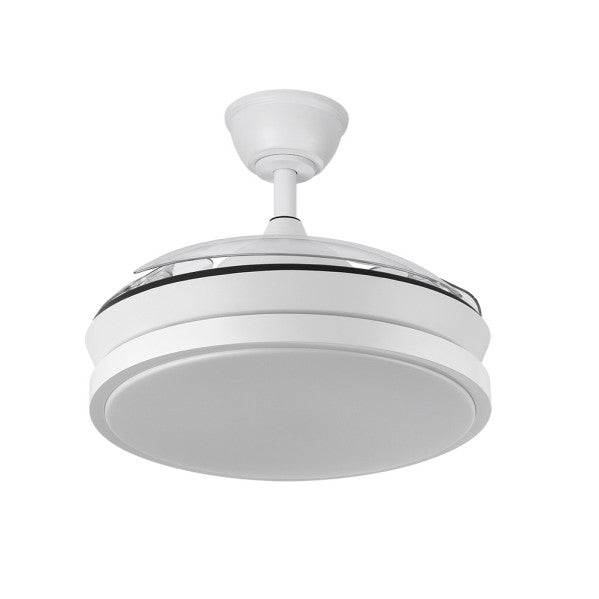 `alt=Ventilador de techo Escorpion Mini Blanco con LED integrado y motor DC de 59W de Abrila, modelo 214599001, ideal para interiores domésticos con aspas retráctiles y iluminación LED.`