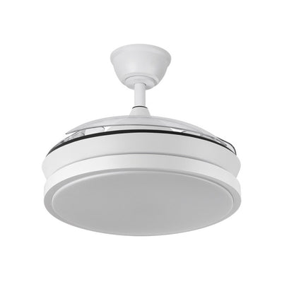 `alt=Ventilador de techo Escorpion Mini Blanco con LED integrado y motor DC de 59W de Abrila, modelo 214599001, ideal para interiores domésticos con aspas retráctiles y iluminación LED.`