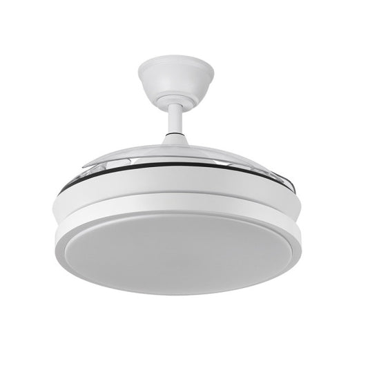 `alt=Ventilador de techo Escorpion Mini Blanco con LED integrado y motor DC de 59W de Abrila, modelo 214599001, ideal para interiores domésticos con aspas retráctiles y iluminación LED.`