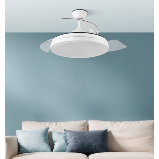 Ventilador de techo Escorpion Mini Blanco con iluminación LED integrada, modelo 214599001 de AbriLa. Diseño doméstico con aspas retráctiles y motor DC, ideal para interiores.