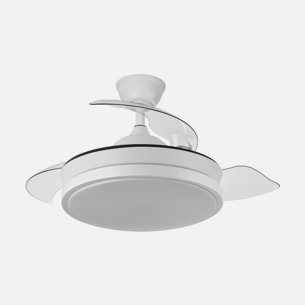 Ventilador de techo Escorpion Mini Blanco 59W con aspas retráctiles, motor DC y LED integrado, ideal para interiores domésticos.
