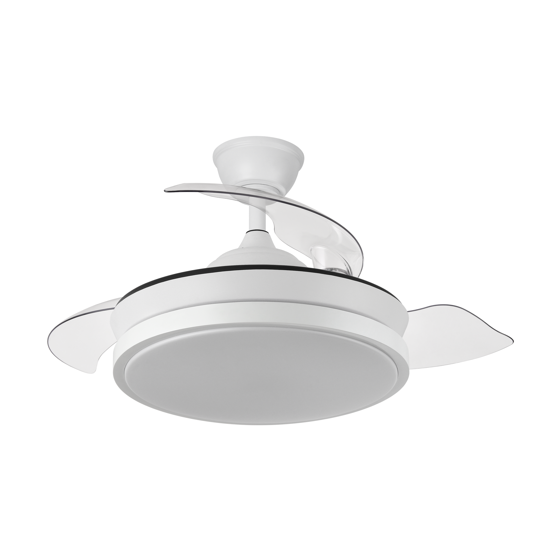 Ventilador de techo Escorpion Mini Blanco de 59W de Abrila con iluminación LED integrada y motor DC. Diseño moderno con aspas retráctiles, ideal para uso doméstico en interiores.