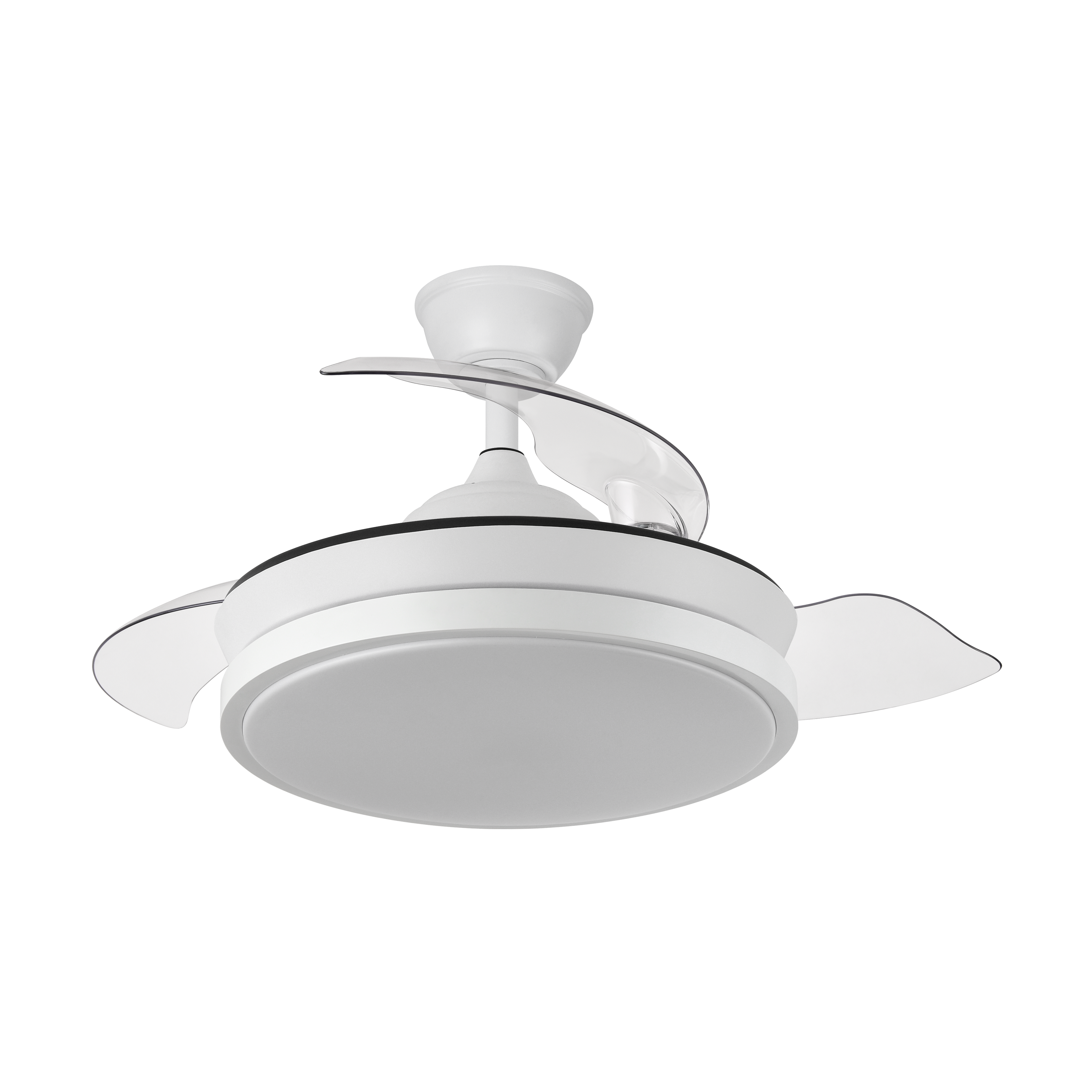 Ventilador de techo Escorpion Mini Blanco de 59W de Abrila con iluminación LED integrada y motor DC. Diseño moderno con aspas retráctiles, ideal para uso doméstico en interiores.